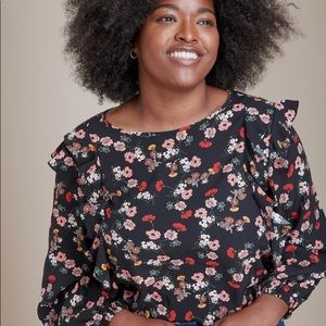 Brand new. Never used, black, with floral Eloquii Elements ruffle detail blouse.